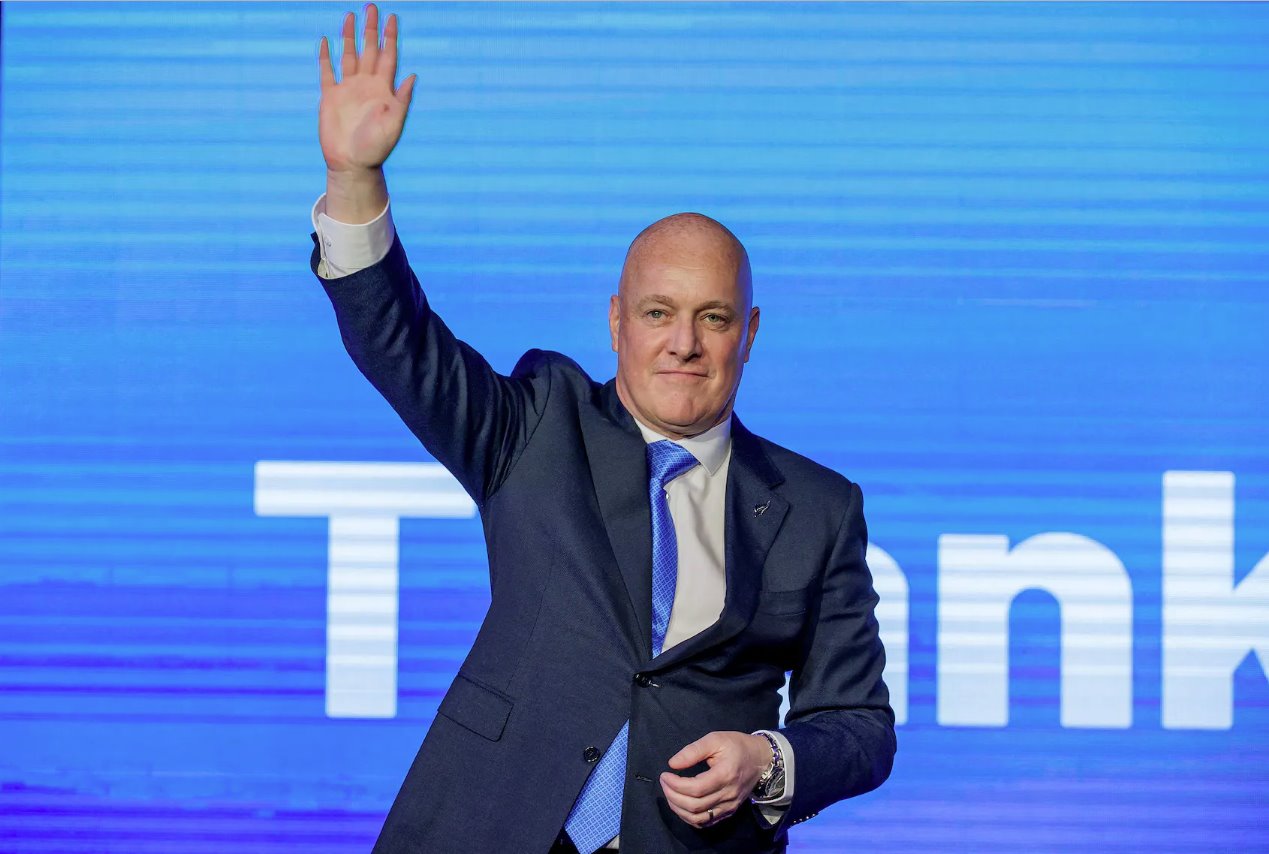 2023年10月14日，新西蘭奧克蘭，國家黨領袖克里斯托弗&middot;盧克森在大選中獲勝。