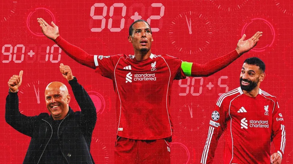 阿內(nèi)&middot;斯洛特、維吉爾&middot;范戴克和穆罕默德&middot;薩拉赫慶祝利物浦的一些已故冠軍